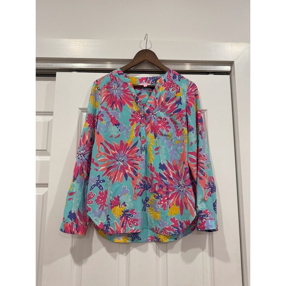 Lilly Pulitzer Tops - Lilly Pulitzer Womens Pink M Floral Trippin and Sippin Elsa Silk Popover Blouse